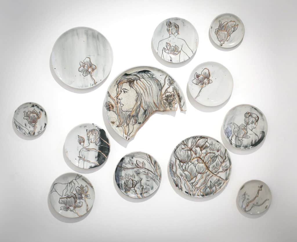 Garden II. Porcelain, fired in reduction to cone 9, luster fired to cone 020. April 2016. By Nikki Navaille.