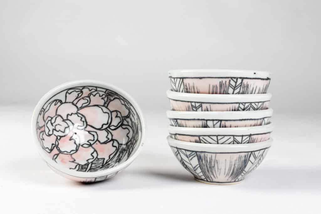 Peony Bowls. Porcelain, fired in reduction to cone 9. October 2015. By Nikki Navaille.