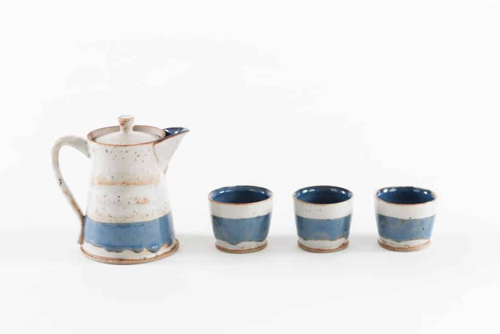 Shino Coffee Set. Stoneware, fired in reduction to cone 9. March 2015. By Nikki Navaille.