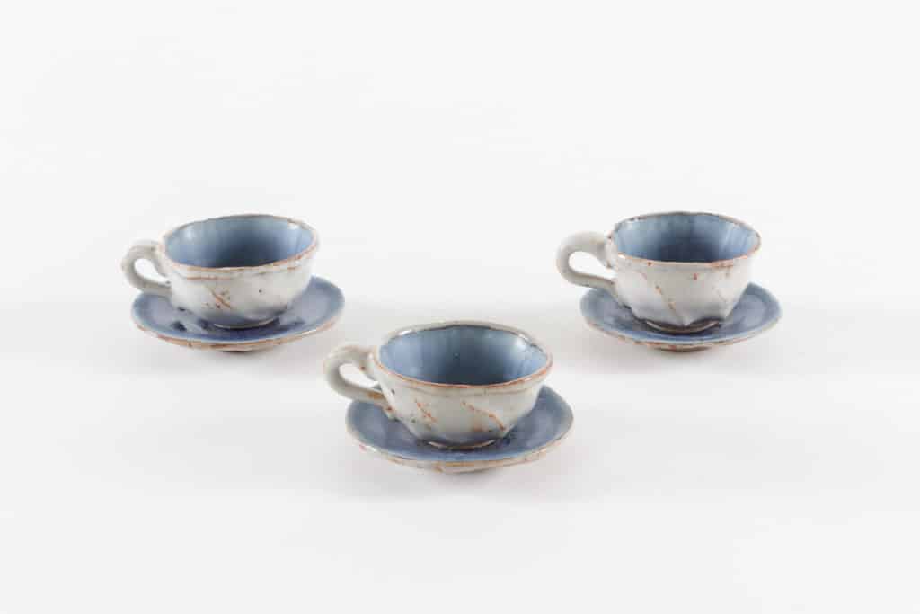 Shino Teacups. Stoneware, fired in reduction to cone 9. April 2015. By Nikki Navaille